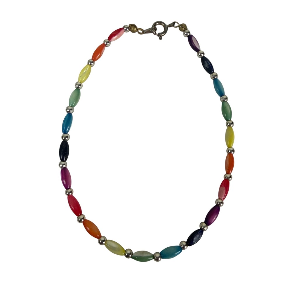Rainbow Multicolor Beaded Shell Bracelet/Anklet Silver Tone 9.5 Inch Jewelry